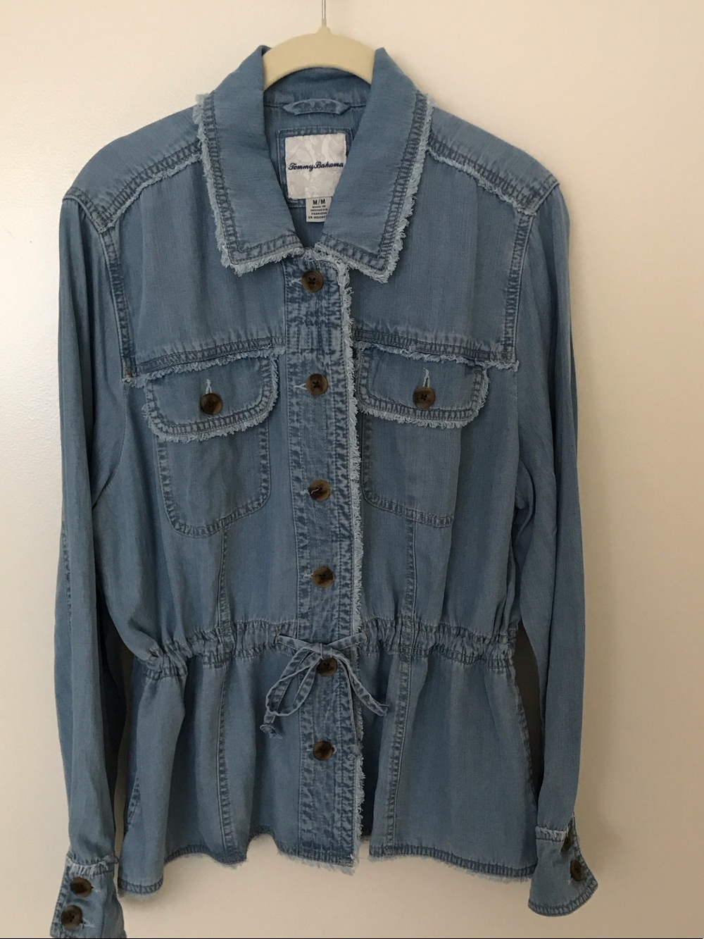 Tommy Bahama Washed Light Blue Denim Shirt Jacket with Tie Waist